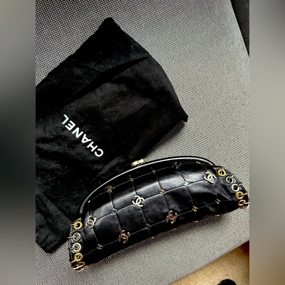 Chanel 2007 Black Punk Clutch Quilted Aged Calfskin with Gold Silver Hardware